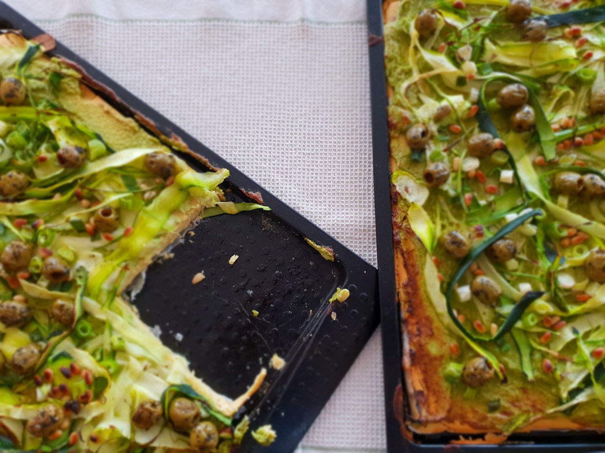 Chickpea Pizza with Avocado Pesto & Asparagus&nbsp;Ribbons