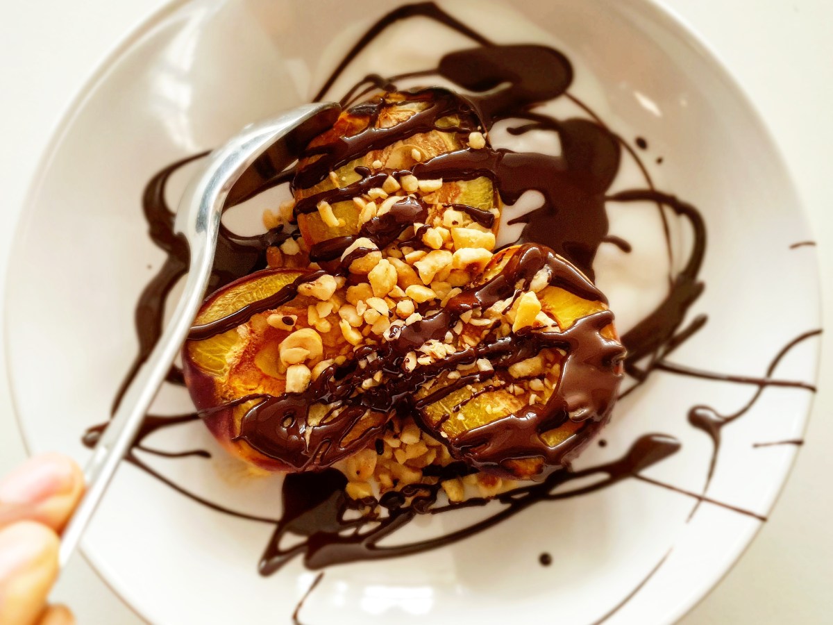 Roasted Peaches with Toasted Hazelnuts, Yoghurt & Dark&nbsp;Chocolate